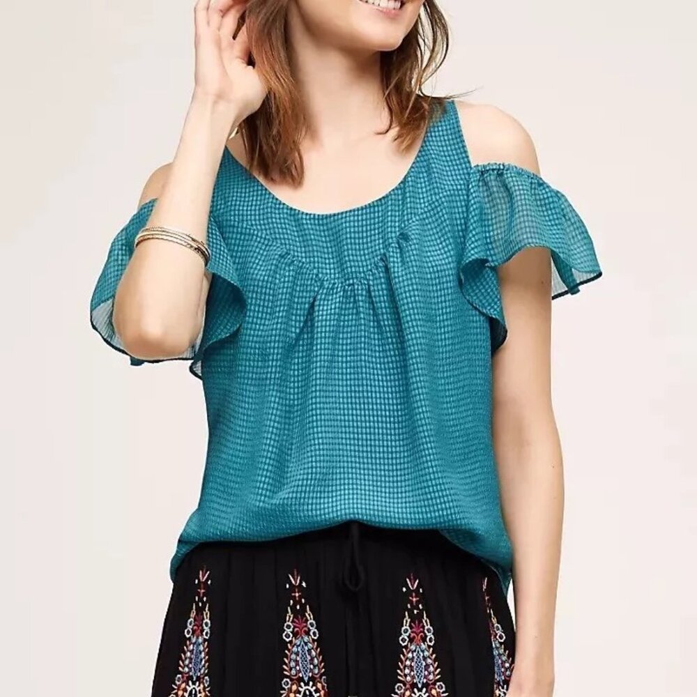 Anthropologie Maeve Tavin Turquoise Cold Shoulder Blouse 4P